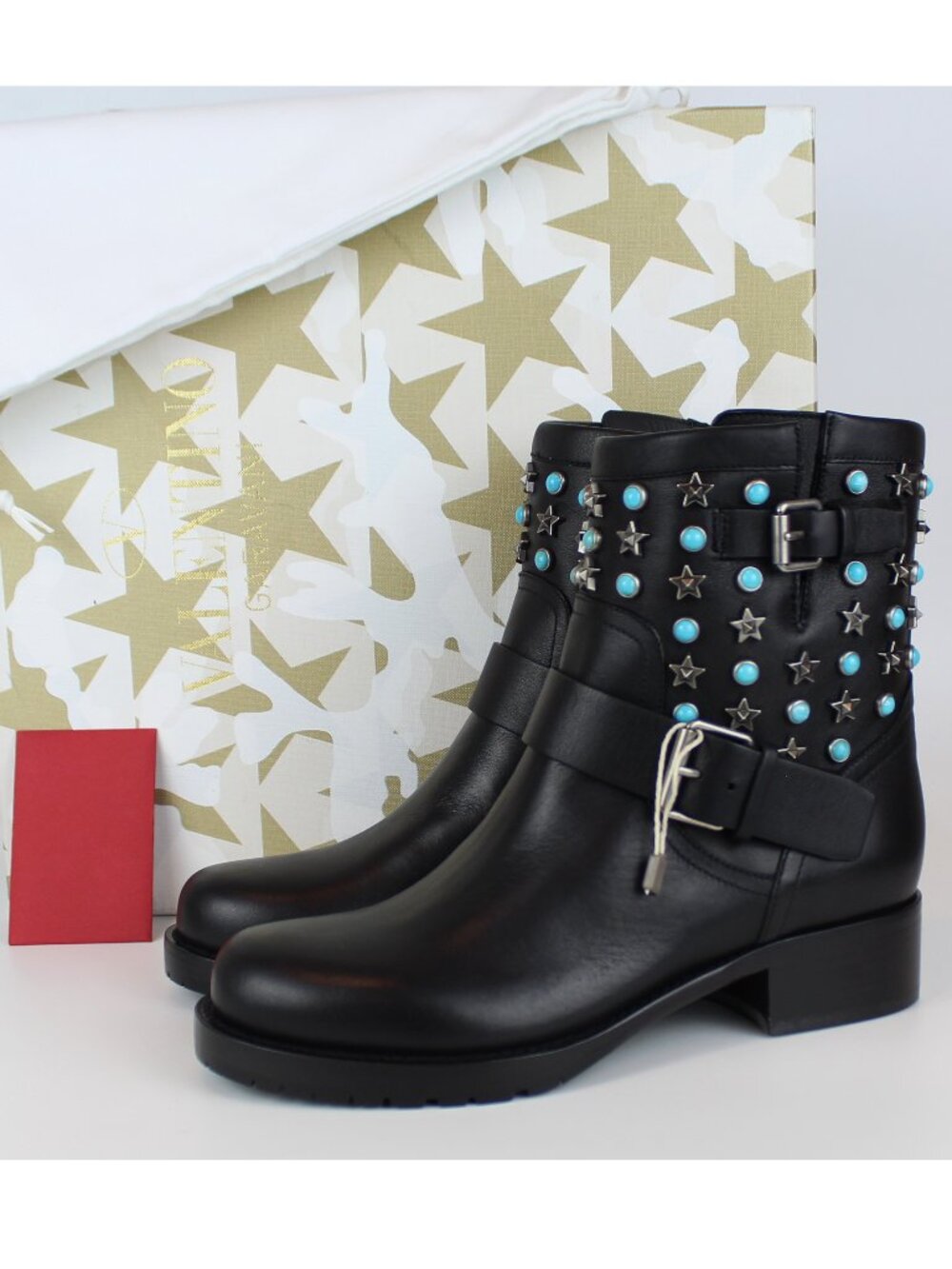 Valentino Garavani Black Rockstud Ankle Booties EU 35 Studded Leather Moto Boot